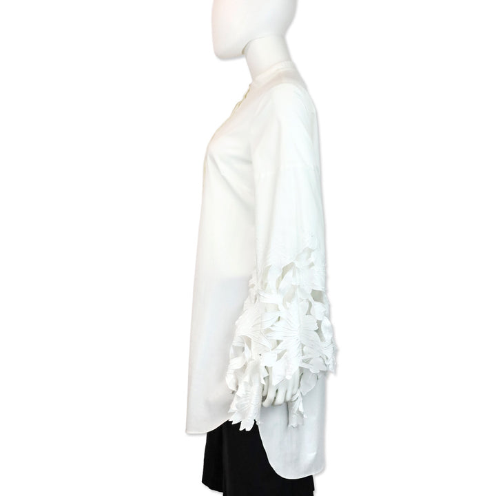 Oscar de la Renta White Floral Cutout Flare Sleeve Button-Up Shirt