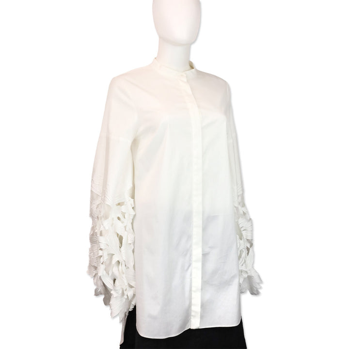Oscar de la Renta White Floral Cutout Flare Sleeve Button-Up Shirt