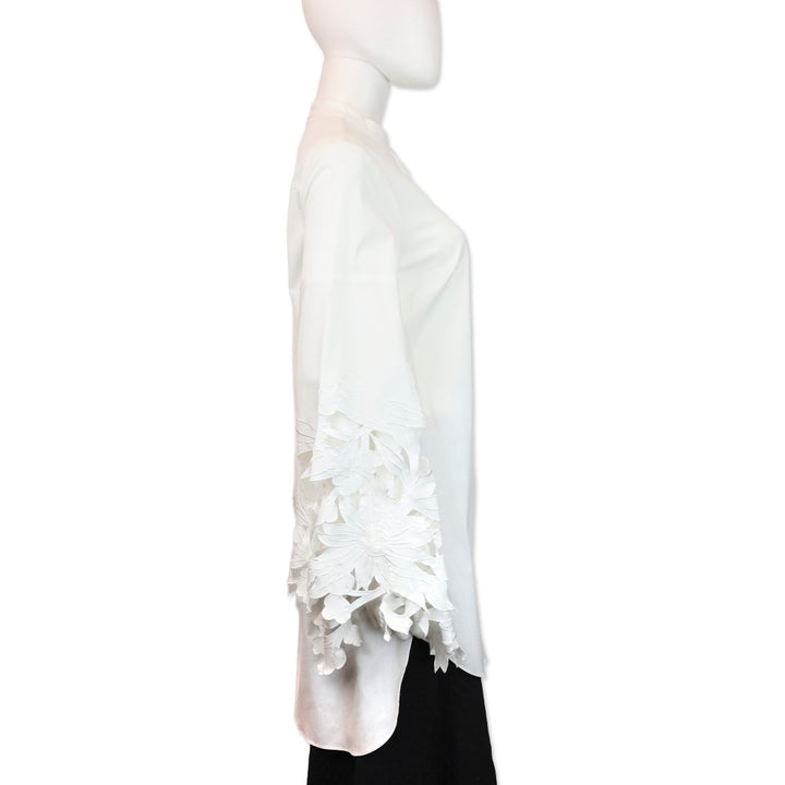 Oscar de la Renta White Floral Cutout Flare Sleeve Button-Up Shirt