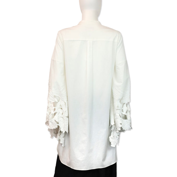 Oscar de la Renta White Floral Cutout Flare Sleeve Button-Up Shirt
