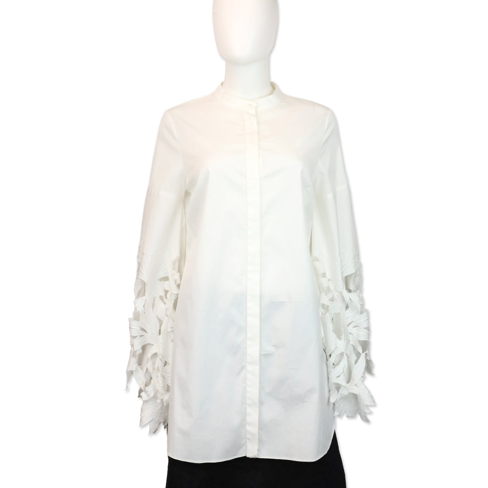 Oscar de la Renta White Floral Cutout Flare Sleeve Button-Up Shirt
