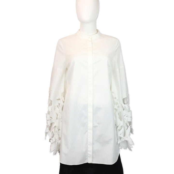 Oscar de la Renta White Floral Cutout Flare Sleeve Button-Up Shirt