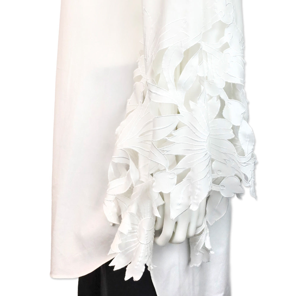 Oscar de la Renta White Floral Cutout Flare Sleeve Button-Up Shirt