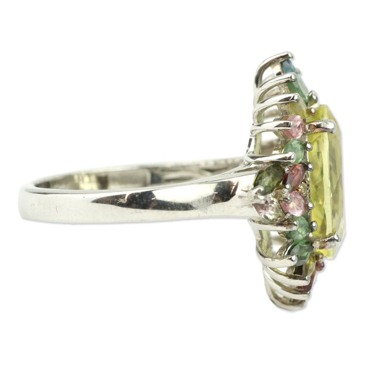 Ouro Verde Quartz and Multi-Tourmaline Ring in Platinum over Sterling Silver