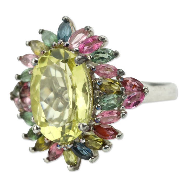 Ouro Verde Quartz and Multi-Tourmaline Ring in Platinum over Sterling Silver