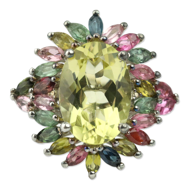 Ouro Verde Quartz and Multi-Tourmaline Ring in Platinum over Sterling Silver