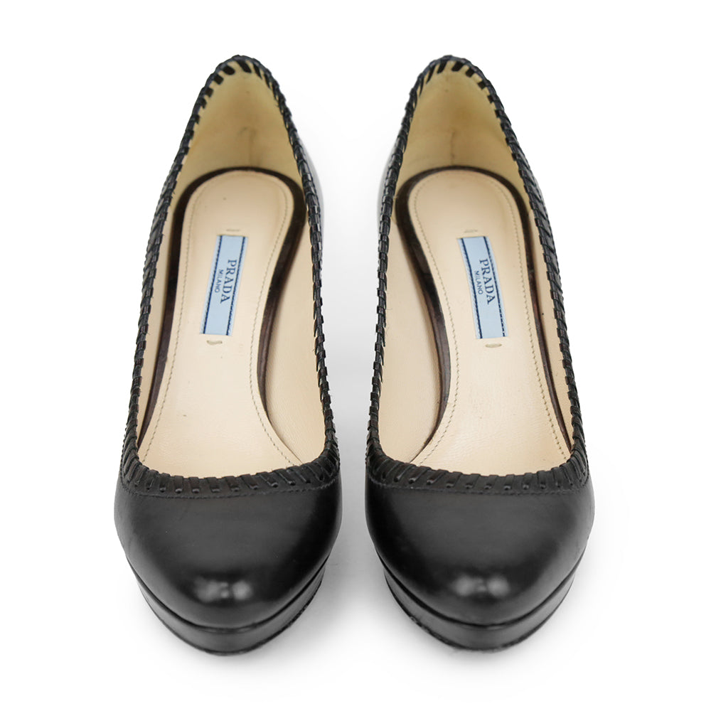 Prada Black Leather Whipstitch Platform Pumps