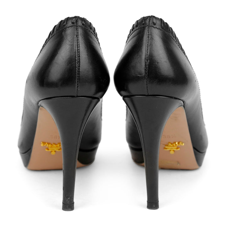 Prada Black Leather Whipstitch Platform Pumps