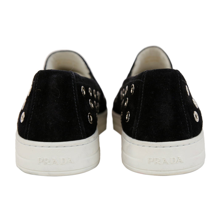 Prada Black Suede Grommet Slip-On Sneakers