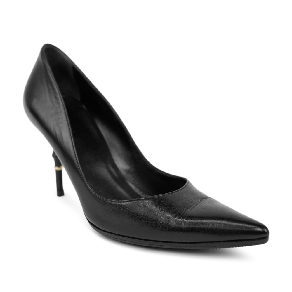 Gucci Black Leather Pointed Toe Bamboo Heel Pumps