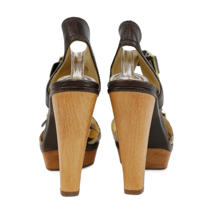 Coach Brown Leather & Snakeskin Wooden Platform Sandals