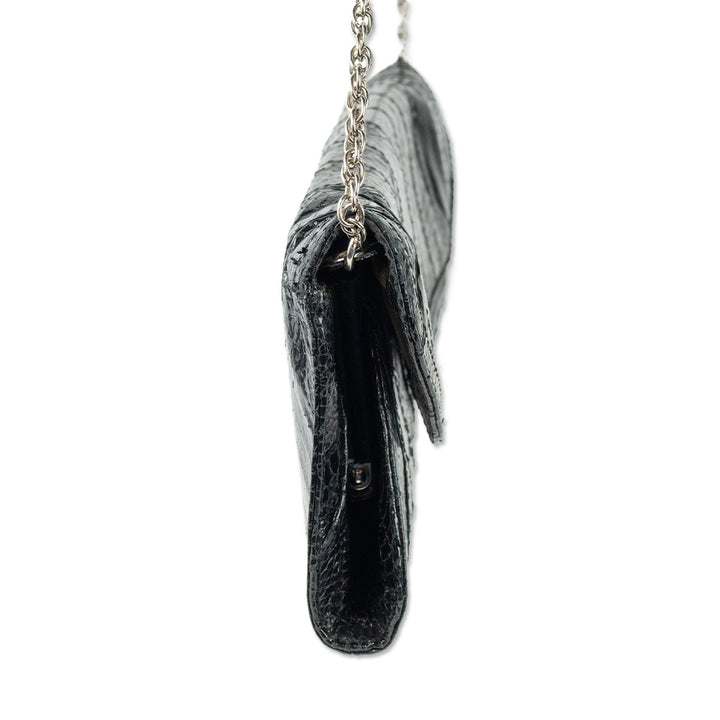 PURE Black Snakeskin Flip Clutch with Detachable Silver Chain