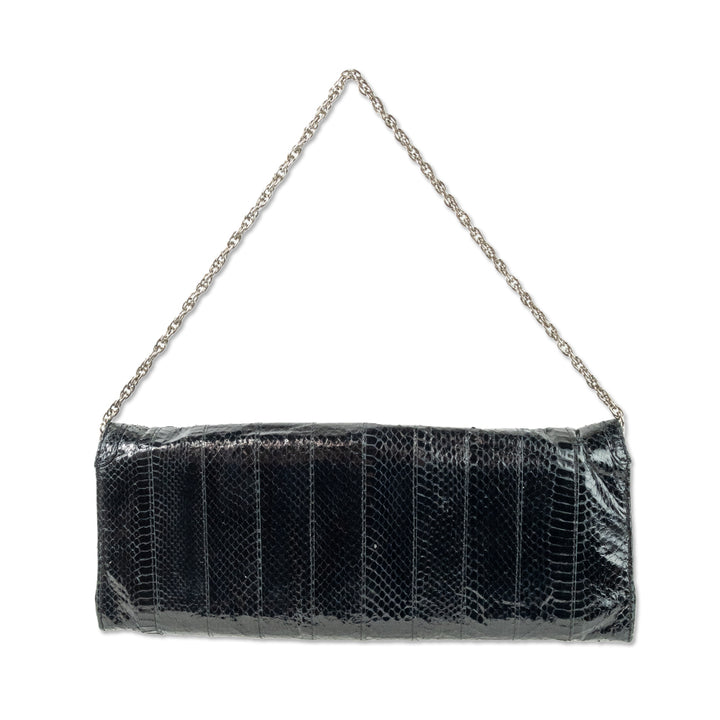 PURE Black Snakeskin Flip Clutch with Detachable Silver Chain