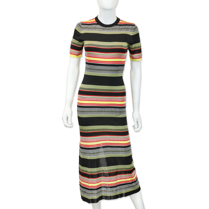 Paco Rabanne Black Multicolor Striped Ribbed Knit Midi Dress