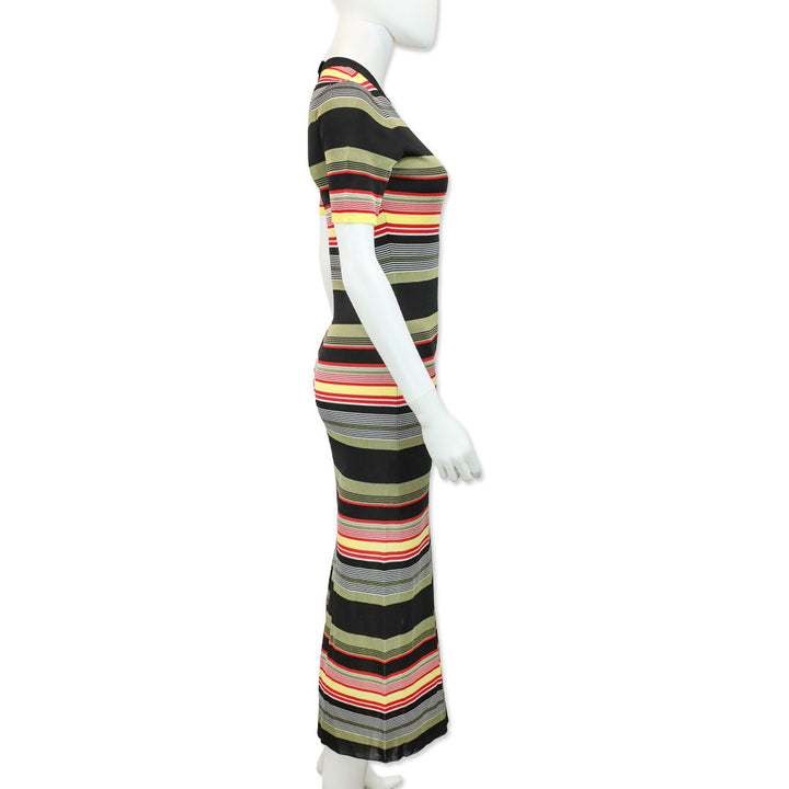 Paco Rabanne Black Multicolor Striped Ribbed Knit Midi Dress
