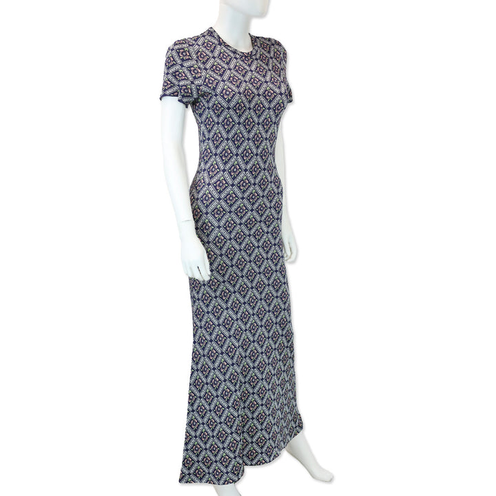 Paco Rabanne Navy Multicolor Quilted Floral Print Knit Maxi Dress