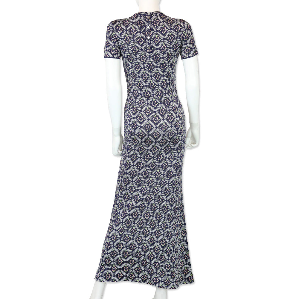 Paco Rabanne Navy Multicolor Quilted Floral Print Knit Maxi Dress