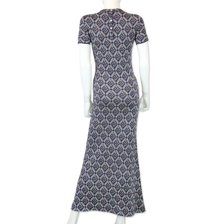 Paco Rabanne Navy Multicolor Quilted Floral Print Knit Maxi Dress