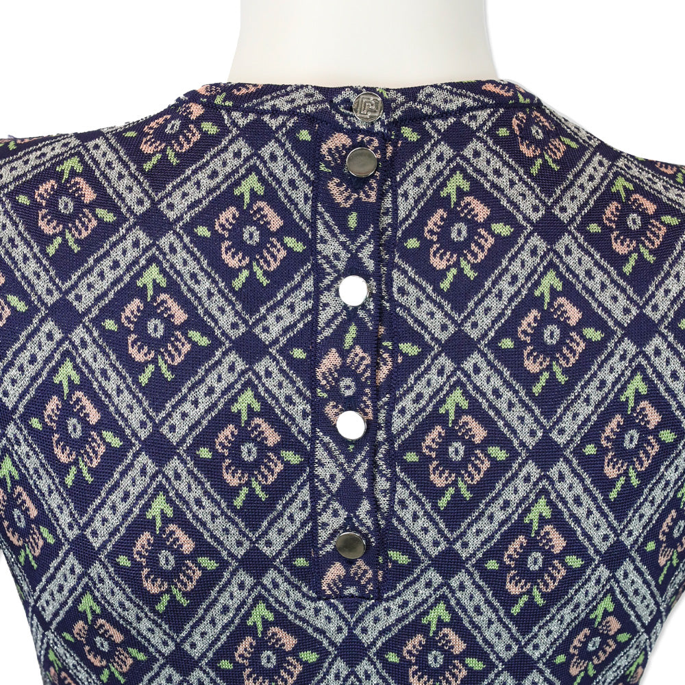Paco Rabanne Navy Multicolor Quilted Floral Print Knit Maxi Dress