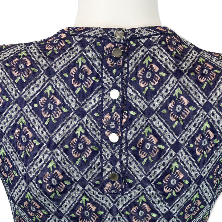 Paco Rabanne Navy Multicolor Quilted Floral Print Knit Maxi Dress