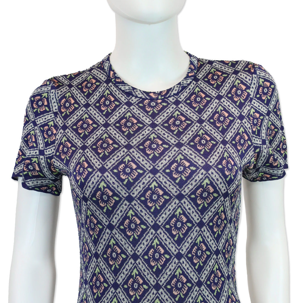 Paco Rabanne Navy Multicolor Quilted Floral Print Knit Maxi Dress