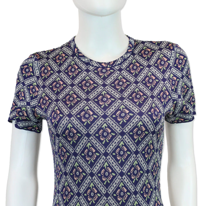 Paco Rabanne Navy Multicolor Quilted Floral Print Knit Maxi Dress
