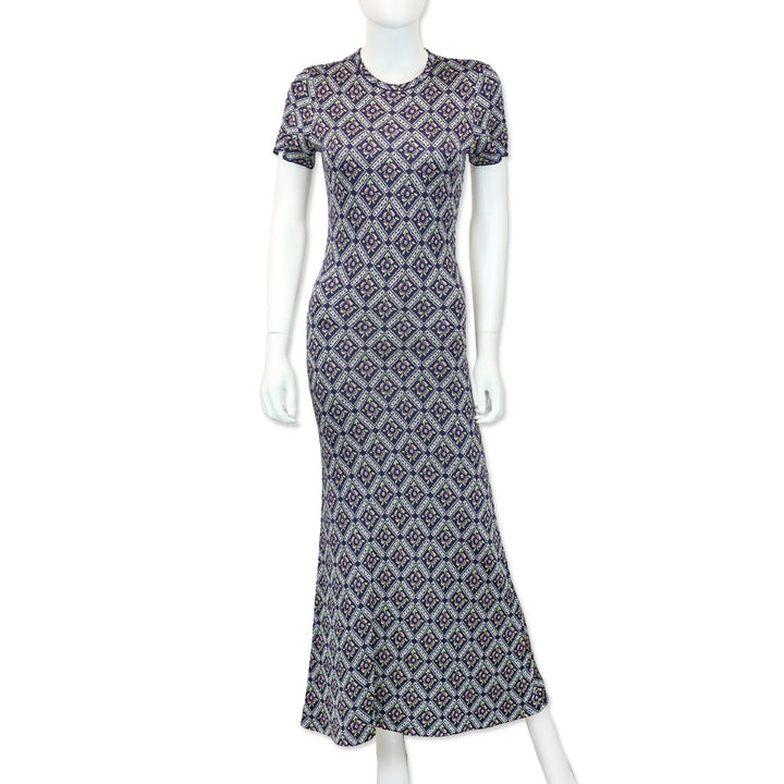 Paco Rabanne Navy Multicolor Quilted Floral Print Knit Maxi Dress
