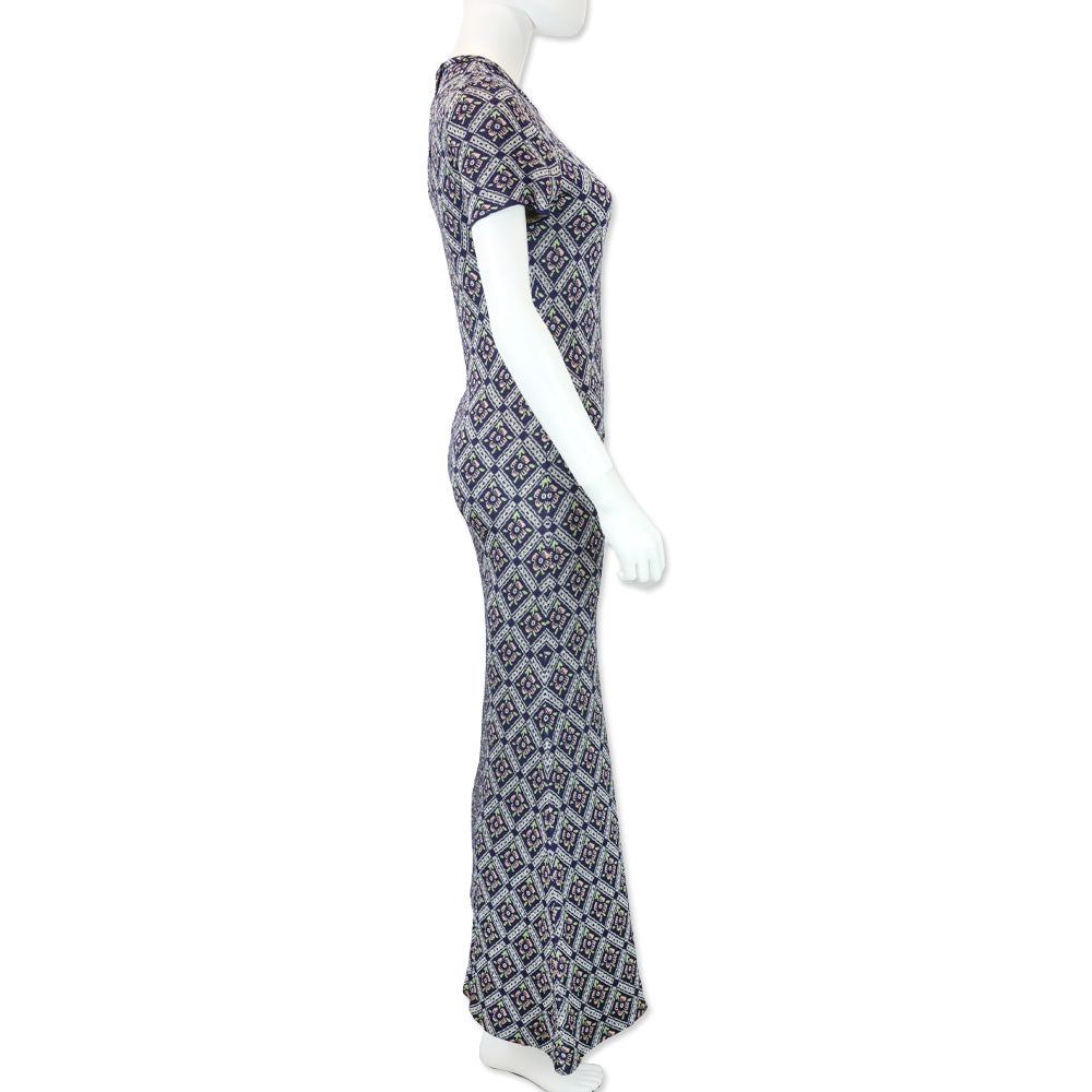 Paco Rabanne Navy Multicolor Quilted Floral Print Knit Maxi Dress