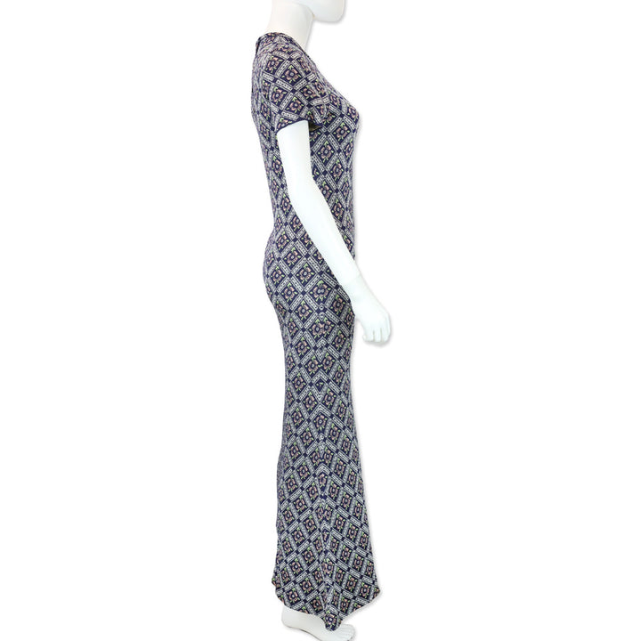 Paco Rabanne Navy Multicolor Quilted Floral Print Knit Maxi Dress