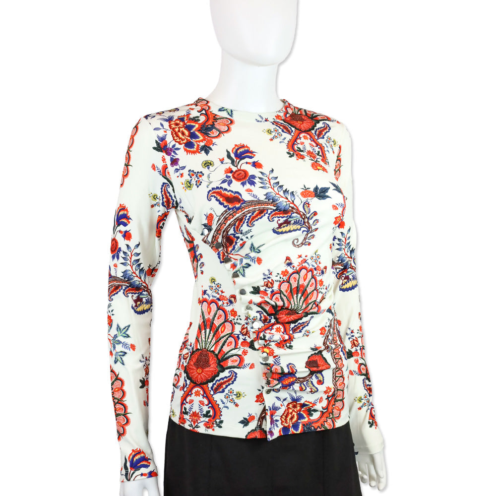 Paco Rabanne White Paisley Jersey Drapé Pression Long Sleeve Top