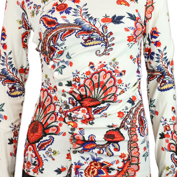 Paco Rabanne White Paisley Jersey Drapé Pression Long Sleeve Top