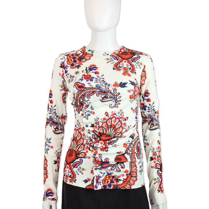 Paco Rabanne White Paisley Jersey Drapé Pression Long Sleeve Top