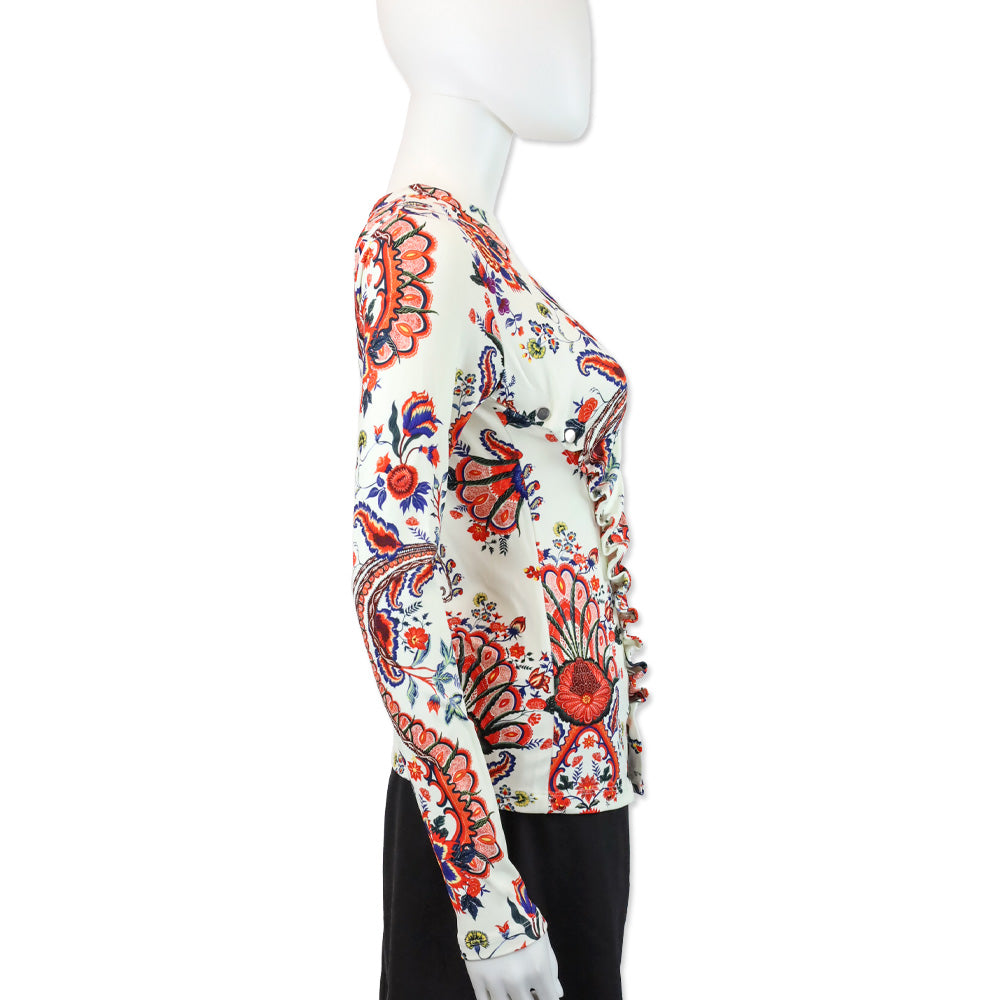 Paco Rabanne White Paisley Jersey Drapé Pression Long Sleeve Top
