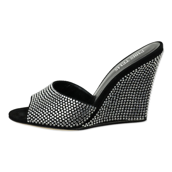 Paris Texas Black Diamond Suede Crystal 95 Holly Wanda Wedge Mule Sandal