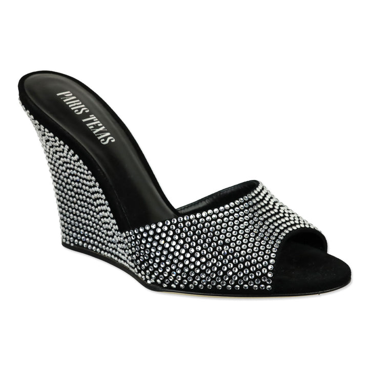 Paris Texas Black Diamond Suede Crystal 95 Holly Wanda Wedge Mule Sandal