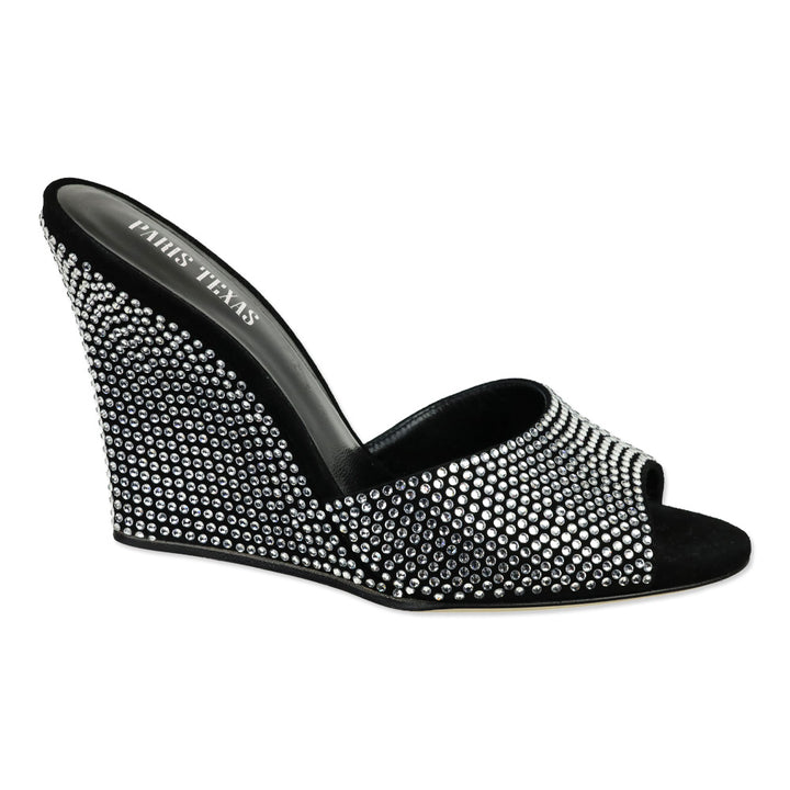 Paris Texas Black Diamond Suede Crystal 95 Holly Wanda Wedge Mule Sandal