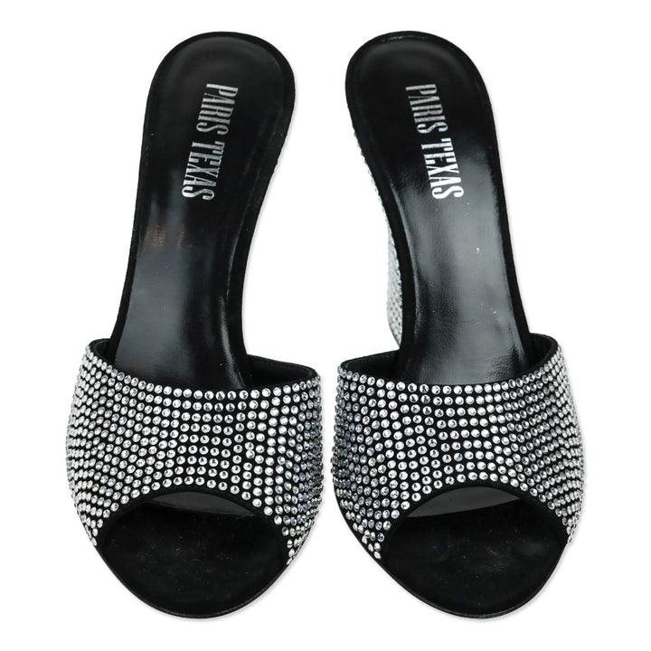 Paris Texas Black Diamond Suede Crystal 95 Holly Wanda Wedge Mule Sandal
