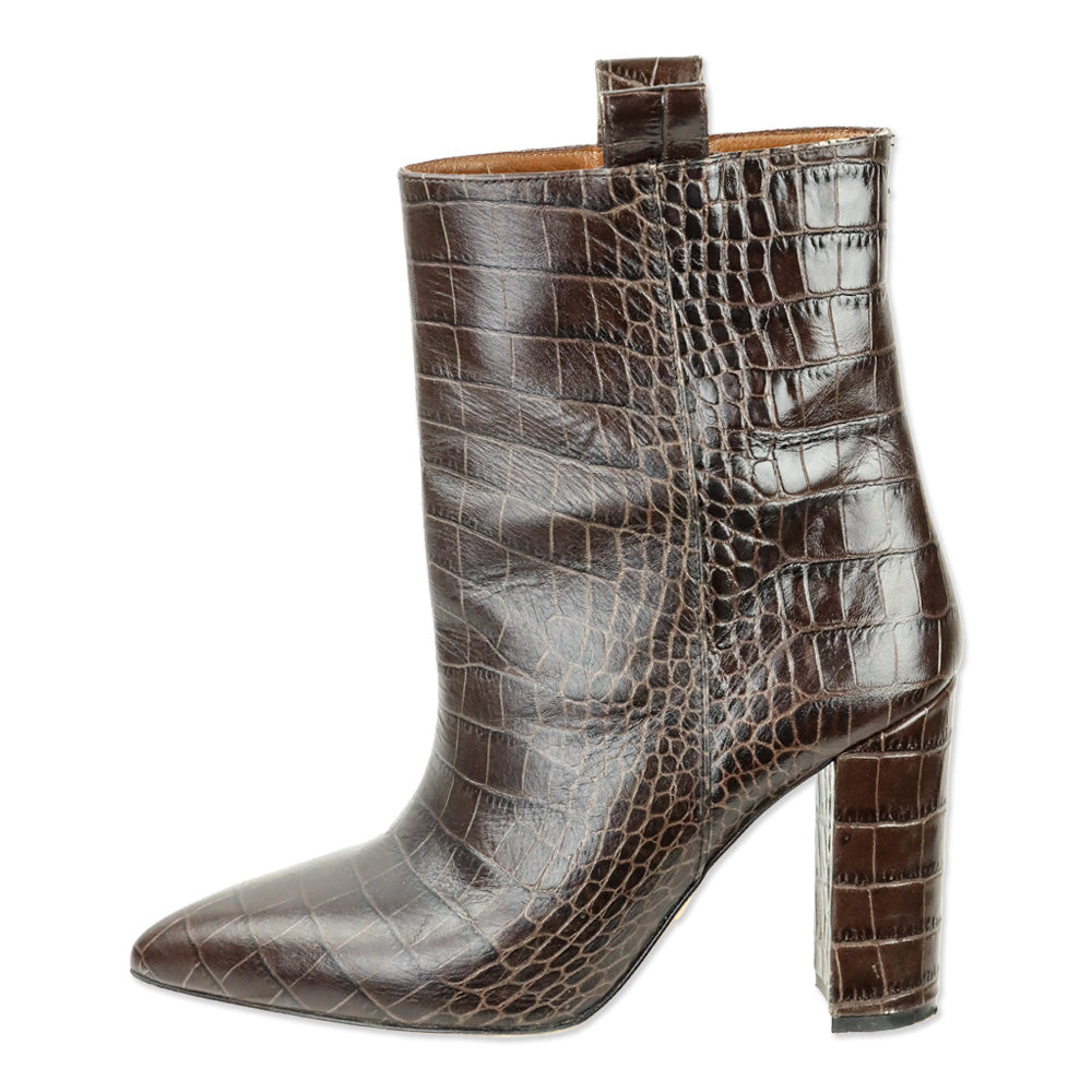 Paris Texas Brown Croc-Embossed Leather Ankle Booties