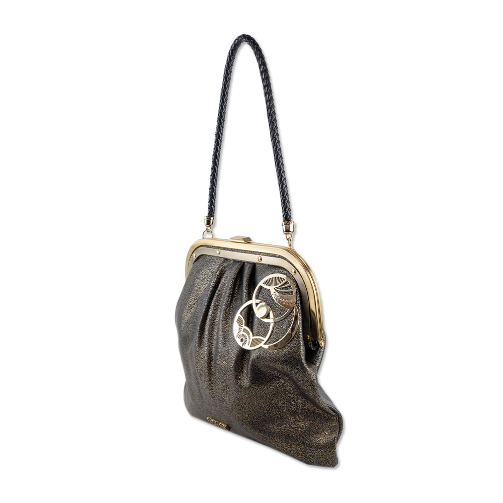 Parizia Pepe Metallic Gold Black Grained Leather Frame Bag