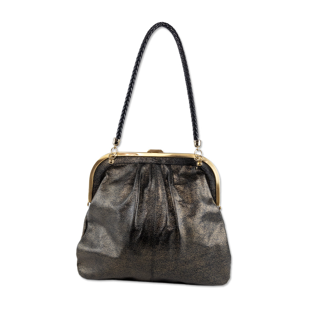 Parizia Pepe Metallic Gold Black Grained Leather Frame Bag