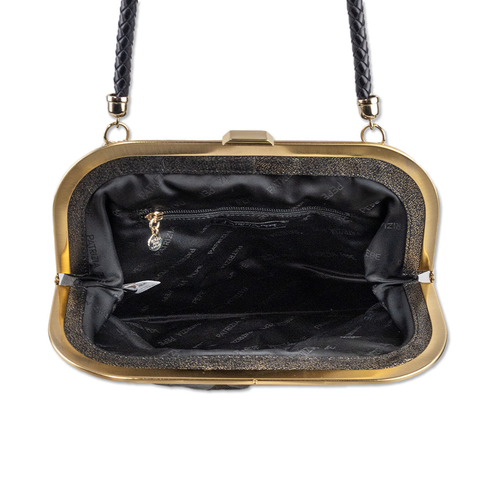 Parizia Pepe Metallic Gold Black Grained Leather Frame Bag