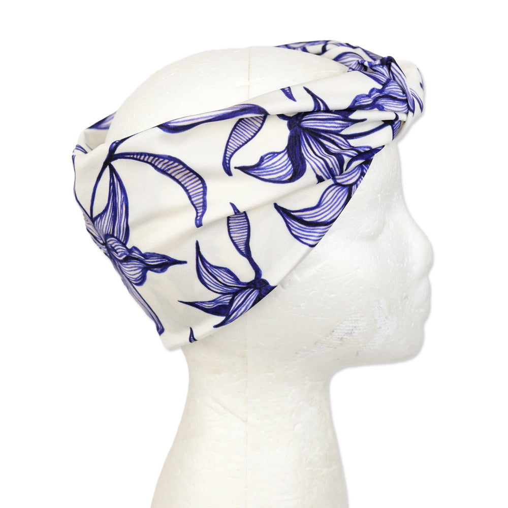 Patbo Blue/White Lily Print Twist Knot Headband