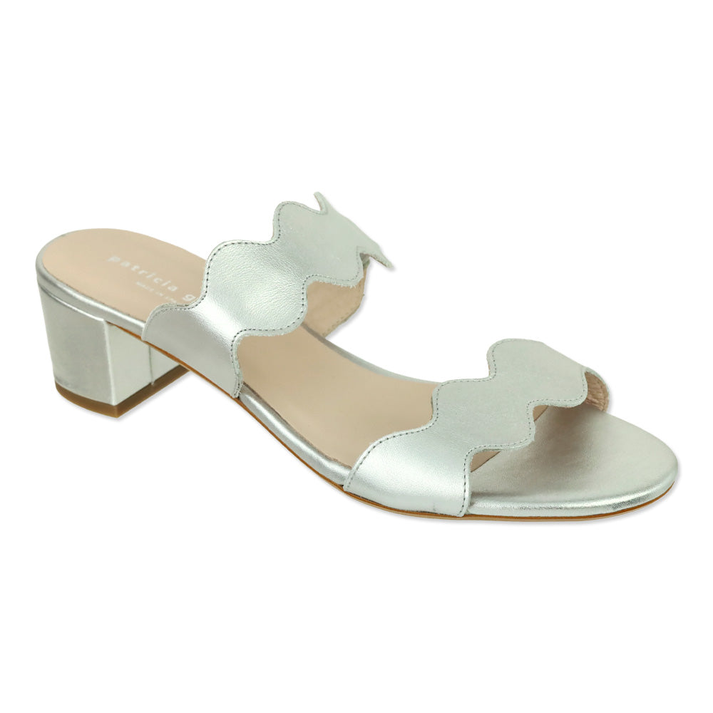 Patricia Green Silver Leather Palm Beach Block Heel Scalloped Sandal