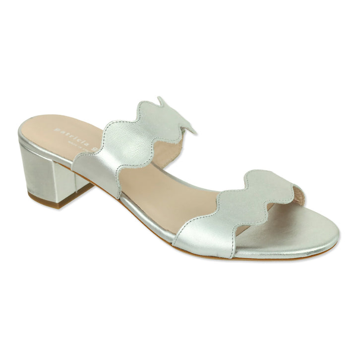 Patricia Green Silver Leather Palm Beach Block Heel Scalloped Sandal