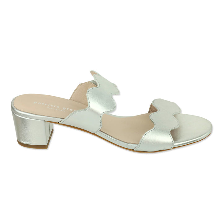 Patricia Green Silver Leather Palm Beach Block Heel Scalloped Sandal