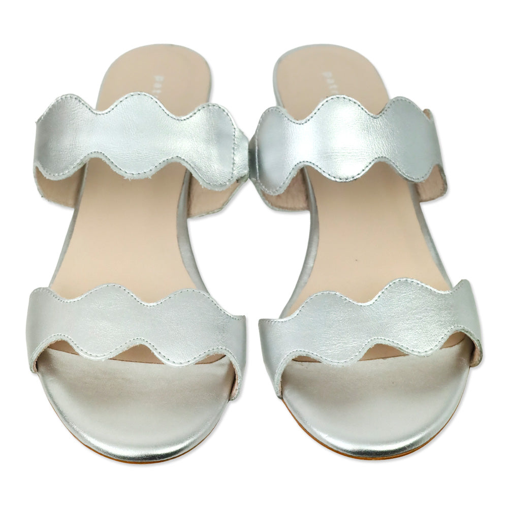 Patricia Green Silver Leather Palm Beach Block Heel Scalloped Sandal