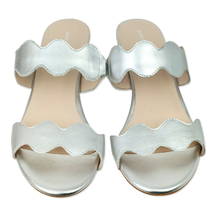 Patricia Green Silver Leather Palm Beach Block Heel Scalloped Sandal