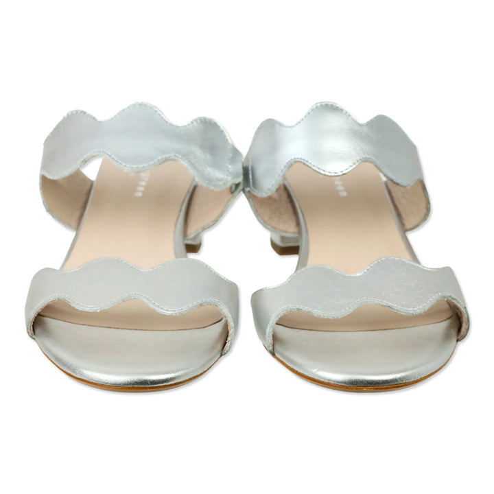 Patricia Green Silver Leather Palm Beach Block Heel Scalloped Sandal