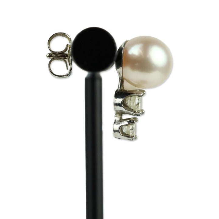 Pearl and 2 Diamond Silver Stud Earrings