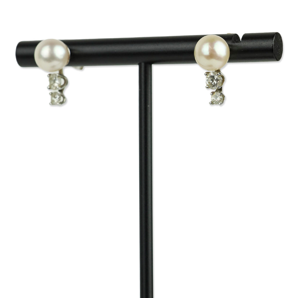 Pearl and 2 Diamond Silver Stud Earrings